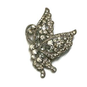 Silver Toned and Clear Rhinestone Butterfly Brooch